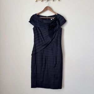 Tadashi Shoji Pleated Rosette Dress 10 Black Taffeta